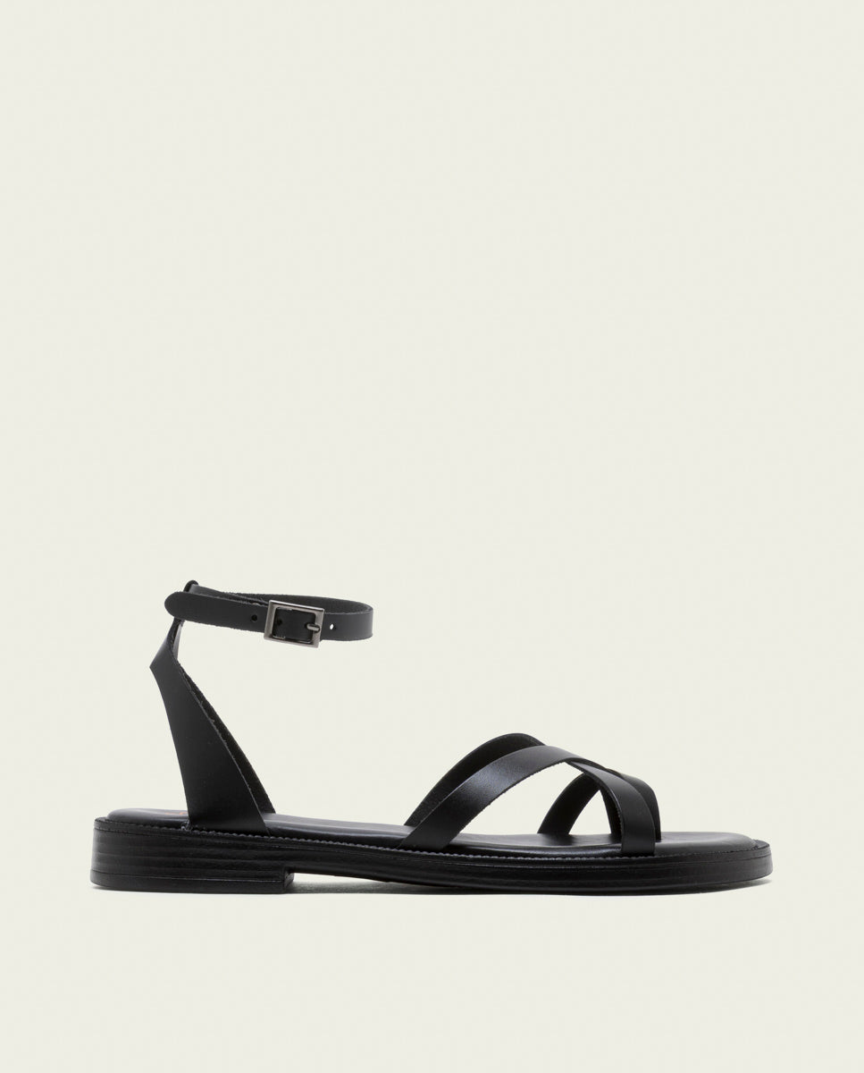 Sandalia Plana Piel Negro Palma