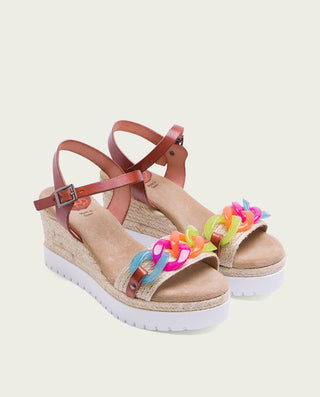 SANDALIA CUÑA PIEL RAFIA CUERO-COLORES LOLA