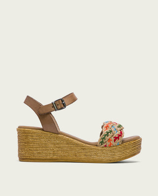 SANDALIA CUÑA PIEL Y TEJIDO TAUPE COLORES INÉS