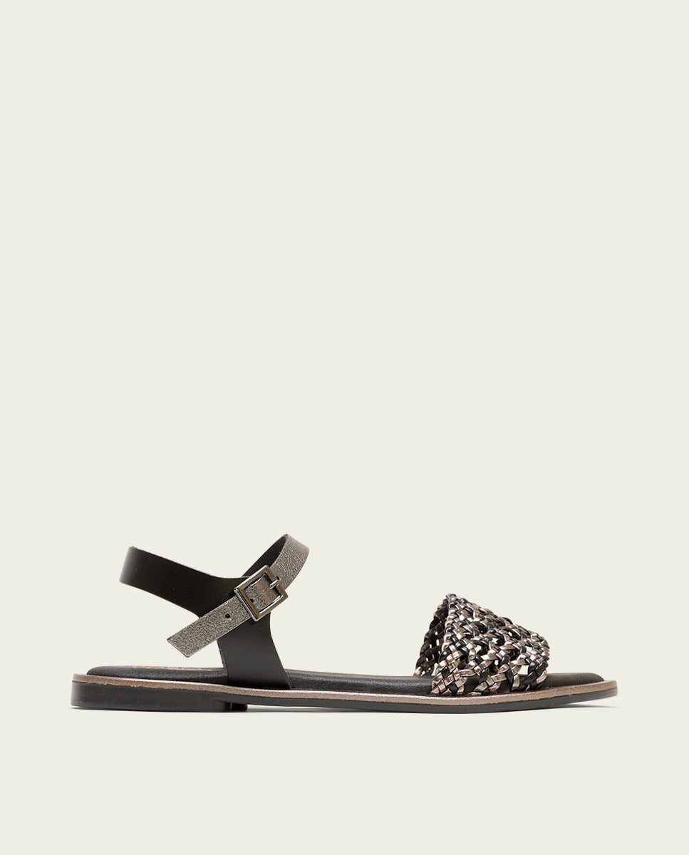 Sandalia Plana Piel Negro Palma