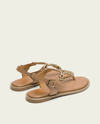 SANDALIA ESCLAVA PLANA PIEL CON ABALORIOS TAUPE ESTELA