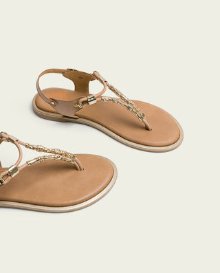 SANDALIA ESCLAVA PLANA PIEL CON ABALORIOS TAUPE ESTELA