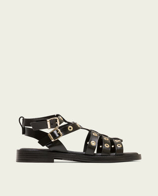 SANDALIA ROMANA PLANA PIEL CON TACHUELAS NEGRO MIA