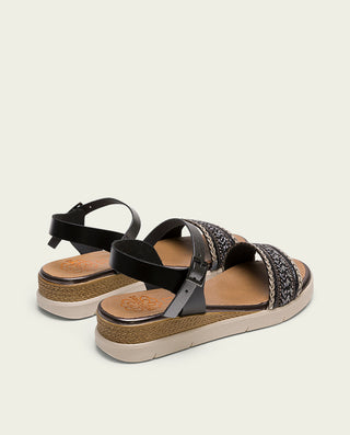 SANDALIA CUÑA DE PIEL NEGRO PLOMO CLARA