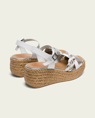 SANDALIA DE CUÑA DE PIEL BLANCO PLATA DIANA