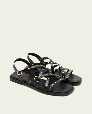 Sandalia plana de piel de tiras con tachuelas Blair negro