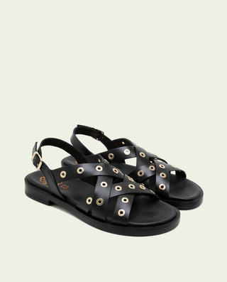 Sandalia plana de piel con tachuelas Chloe negro