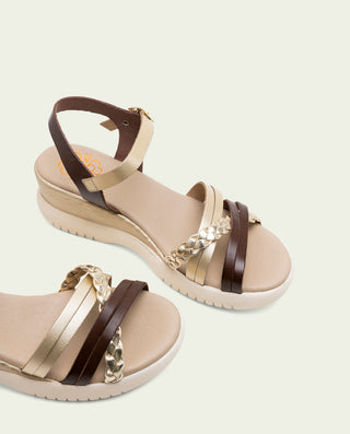 SANDALIA DE CUÑA DE PIEL DE TIRAS EMMA MOKA ORO