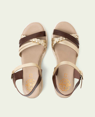 SANDALIA DE CUÑA DE PIEL DE TIRAS EMMA MOKA ORO