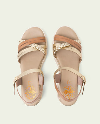 SANDALIA DE CUÑA DE PIEL DE TIRAS EMMA TAUPE ORO