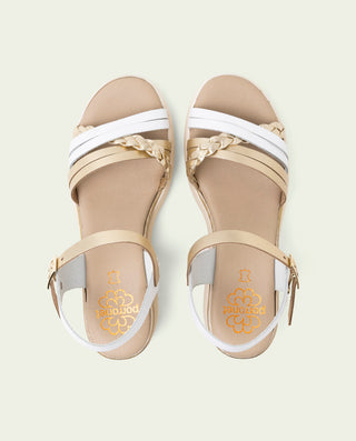 SANDALIA DE CUÑA DE PIEL DE TIRAS EMMA BLANCO ORO