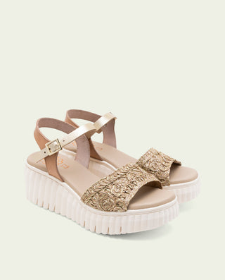 Sandalia de cuña de piel de tiras Eider taupe oro