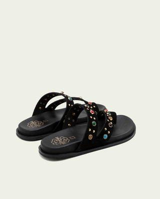 Sandalia plana de piel tachuelas Hannah negro