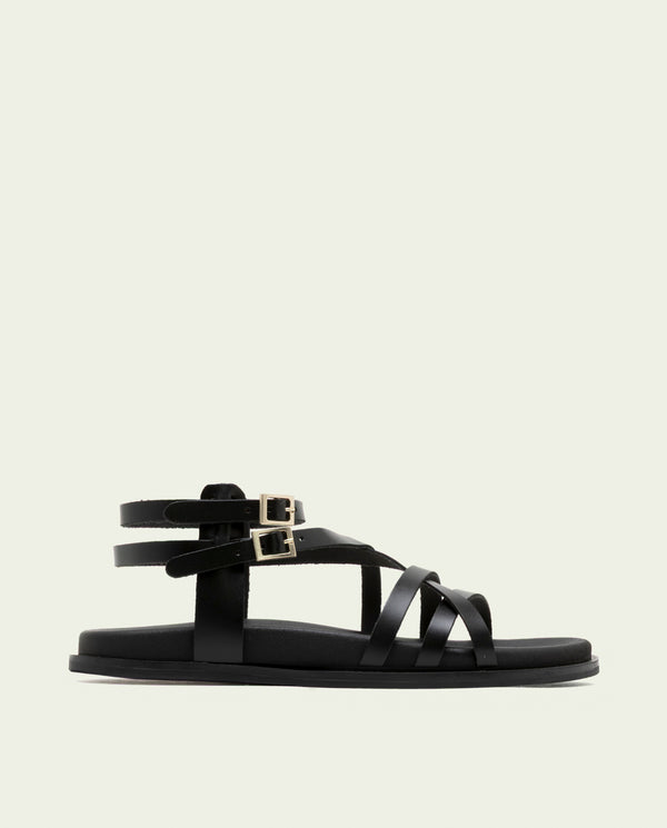 Sandalia plana de piel de tiras Hera negro