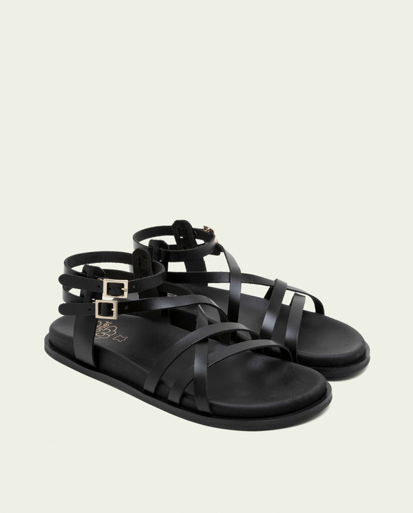 Sandalia plana de piel de tiras Hera negro