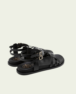 Sandalia plana de piel de tiras Hera negro