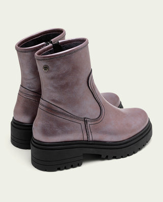 BOTINES DE PIEL METALIZADA BURDEOS CON CREMALLERA CINTIA