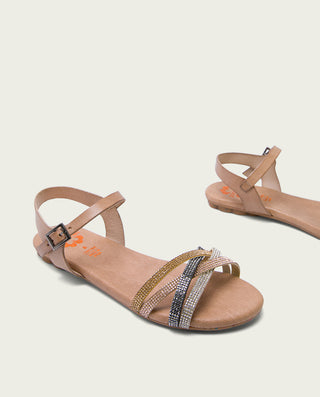 SANDALIA PLANA CON BRILLANTES TAUPE ALBA
