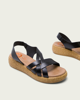 SANDALIA CUÑA PIEL NEGRA GANGA